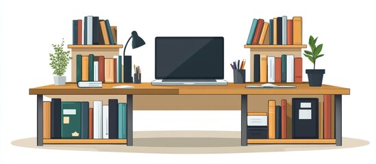 Study Desk with Bookshelves and Laptop