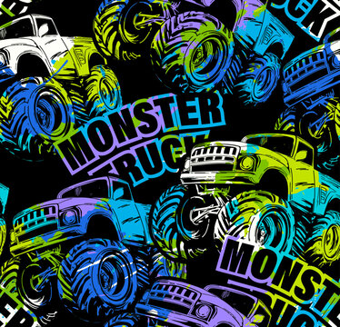 Abstract seamless grunge pattern for boy. Grunge  Monster Truck  trace of tire on colorful background. Extreme style