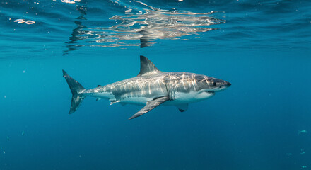 Obraz premium Shark Swimming Underwater in Ocean with Sunlight Reflections