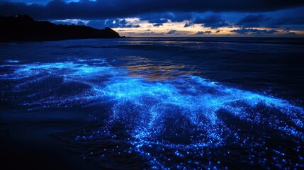 Bioluminescent Waves Shining Brightly Across The Dark Ocean Waters