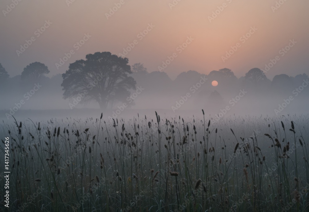 Poster quiet meadow on misty morning with wild grasses in diffused light and distant tree silhouettes in so