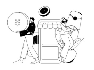 Holiday shopping people doing e-commerce online shopping flat vector concept operation hand drawn illustration
