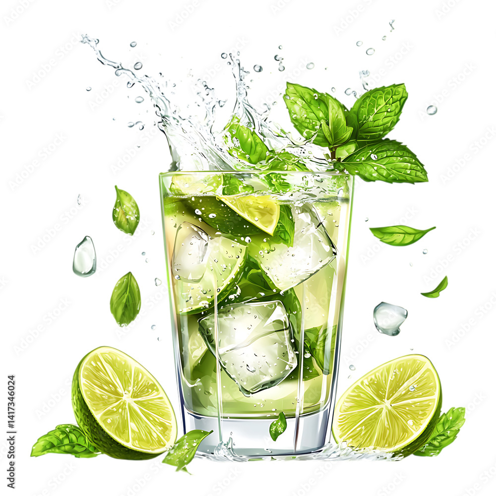 Poster refreshing mojito cocktail with splashing water on trasparent background.
