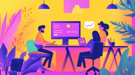 A team of digital marketers planning their next campaign in a vibrant office space