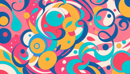 Fototapeta premium The image features a vibrant, abstract pattern with swirling shapes and bright colors, including shades of blue, pink, yellow, and orange. The design is dynamic and eye-catching, with a psychedelic or