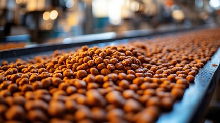 Fototapeta premium Close-up view of a conveyor belt filled with brown food pellets in a production facility