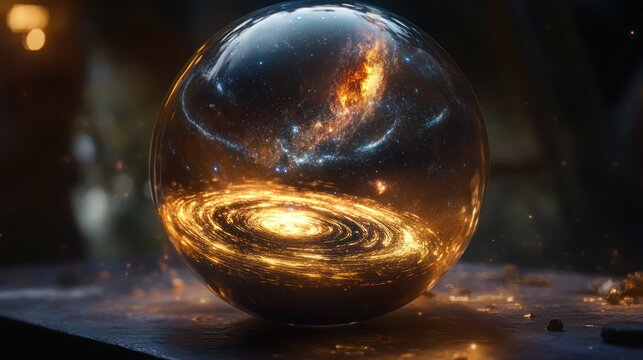 A glowing galaxy is captured inside a transparent orb