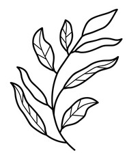 Part of  plant,  stem with leaves in black and white. Environment, nature, flora. Decoration for postcards, posters, business cards, invitations. One icon isolated on  white background. Flat design.