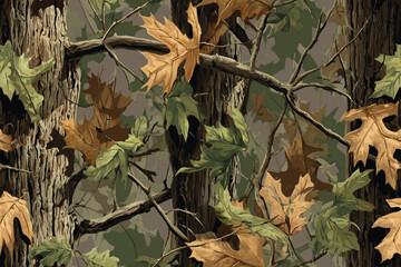 Realistic forest camouflage. Seamless pattern. Conifer tree, branches and leaves. Useable for hunting and military purposes. Vector camouflage background.