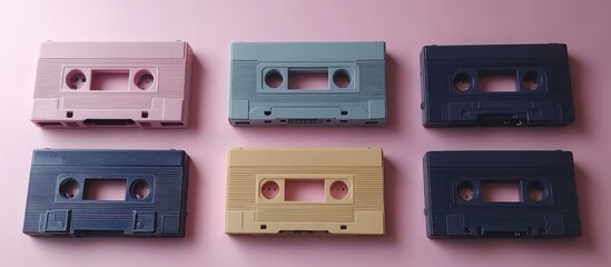 Fototapeta premium Colorful audio cassette tapes on pastel background