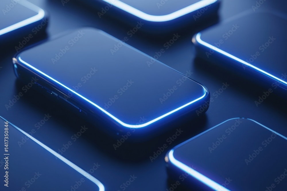 Poster multiple sleek devices with glowing edges on a dark surface reflecting modern technology
