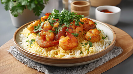 Kerala-style rice topped with grilled shrimp, also known as konch biriyani or chemmeen rice seafood dish