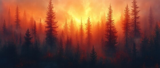 Fototapeta premium Forest silhouette with bright orange and yellow sky abstract painting style.