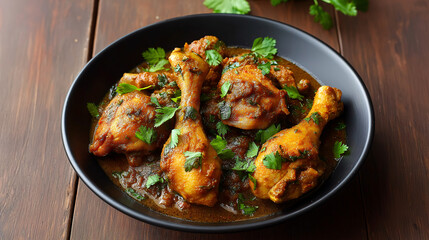 Spicy Indian chicken curry with drumsticks, rich brown gravy, garnished with fresh coriander leaves