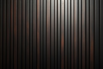 Obraz premium Abstract modern wallpaper design featuring dark brown vertical wood strips. Ultra-realistic 3D rendering with cinematic lighting showcases textured wall panel. 8K resolution.