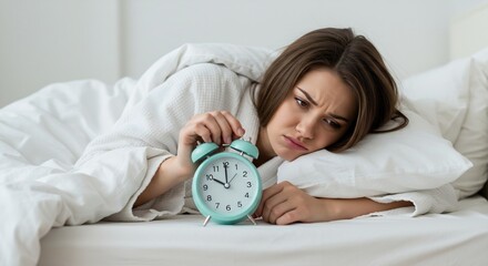 Unhappy Woman Waking Up Early, Reaching for Alarm Clock in Bed