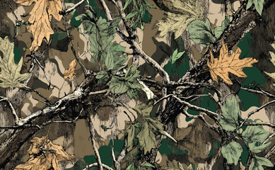 Oak tree hunting camouflage design. Seamless pattern. Camouflage background. Vector camouflage texture. Forest pattern. Jungle background. Digital camouflage. Woodland camo.