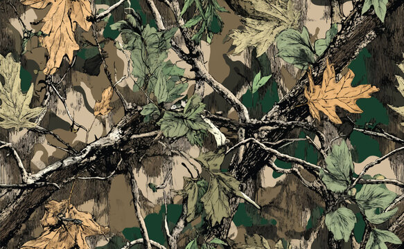Oak tree hunting camouflage design. Seamless pattern. Camouflage background. Vector camouflage texture. Forest pattern. Jungle background. Digital camouflage. Woodland camo.