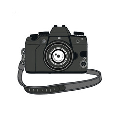 Instant camera device with photo, line art. Photography camera Hand drawn doodle style coloring page. Icon for websites or mobile applications. Flash and lens visible. Vector illustration