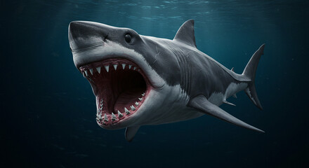 Naklejka premium Great White Shark Open Mouth Swimming in Ocean Depth