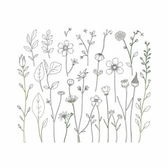 Delicate line art featuring a variety of wildflowers, stems, and leaves, perfect for design and aesthetic purposes.