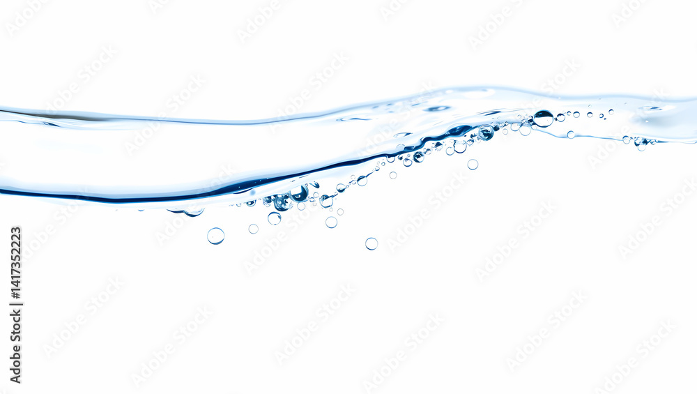 Poster abstract macro of water showing bubbles and a flowing wave against a white background.