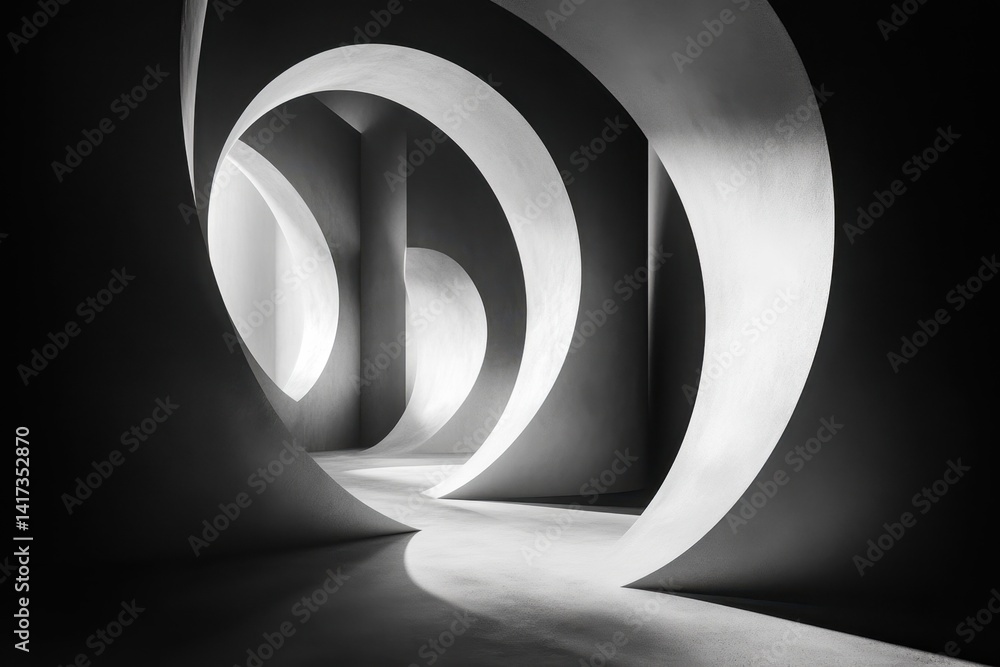 Poster curved white structures create a captivating light play in an abstract interior space