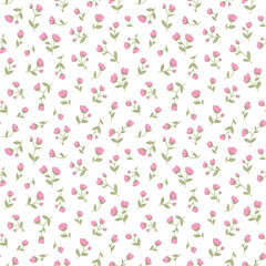 Beautiful cute small tiny rose flowers with leaves on white background, simple vintage ditsy style pink  colour. Floral seamless pattern for textile fabric print design. Vector template illustration