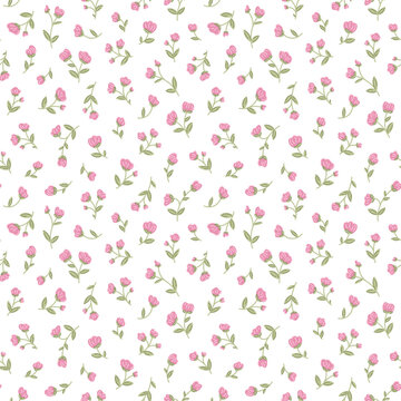 Beautiful cute small tiny rose flowers with leaves on white background, simple vintage ditsy style pink  colour. Floral seamless pattern for textile fabric print design. Vector template illustration