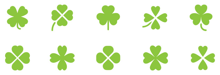Shamrock Icon Green, Shamrocks, Four Leaf Clover, Irish Symbol, St Patrick's Day Logo, Luck Sign, Isolated, Variations. EPS 10