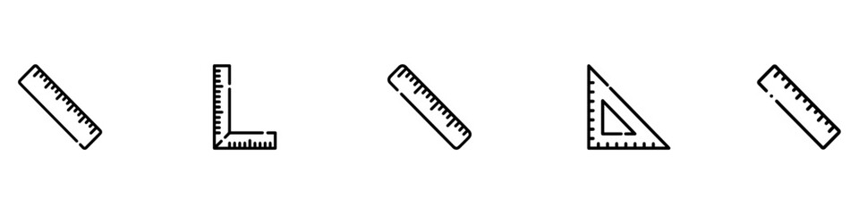 Set of ruler icons. Ruler tool symbol, measuring tool. Drawing and creating blueprints, education and training, school supply. Wooden or plastic ruler. Vector Illustration. 