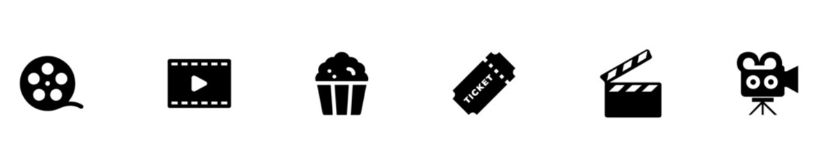 Cinema icons. Cinema set. Cinema icons set. Collection icon: Popcorn box, movie, clapper board, film, movie, tv, video and other. Vector Illustration