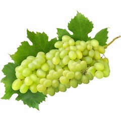 Fresh green grape bunch with jagged leaves on stem, isolated on white background—ideal for food,...