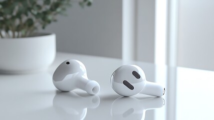White Wireless Earbuds on Table.