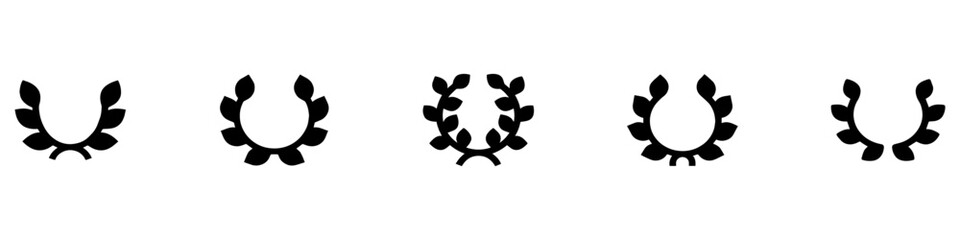 Laurel wreath icon set. Сollection of black circular foliate laurels branches. Vintage laurel wreaths. Black silhouette circular laurel foliate, wheat and oak wreaths depicting an award, achievement. 