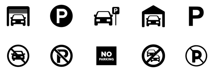 Car parking icon set. Public parking and parking location symbol. No car parking sign. Car parking icon set. Parking place symbol. Parking and traffic sign. Vector illustration.