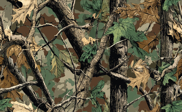 Hunting camouflage with tree for hunting and military. Hunting camouflage seamless pattern design. Vector hunting camo background.