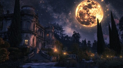 Obraz premium Mystical moonlight glow over an old mansion and garden, evoking fairytale dreams