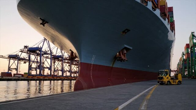Massive cargo ship berthed at port during sunset with loading cranes in the background