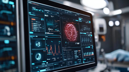 Fototapeta premium A computer screen displaying brain scans and vital signs in a medical environment setting scene view