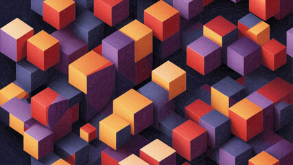 Obraz premium This image appears to be an abstract digital artwork featuring a series of interconnected cubes or blocks arranged in a three-dimensional grid. The cubes are rendered in vibrant shades of red, orange,