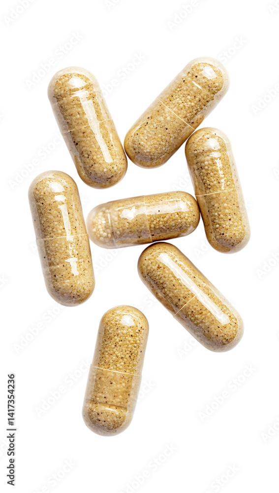 Poster close-up of several clear capsules filled with light brown granules on trasparent background