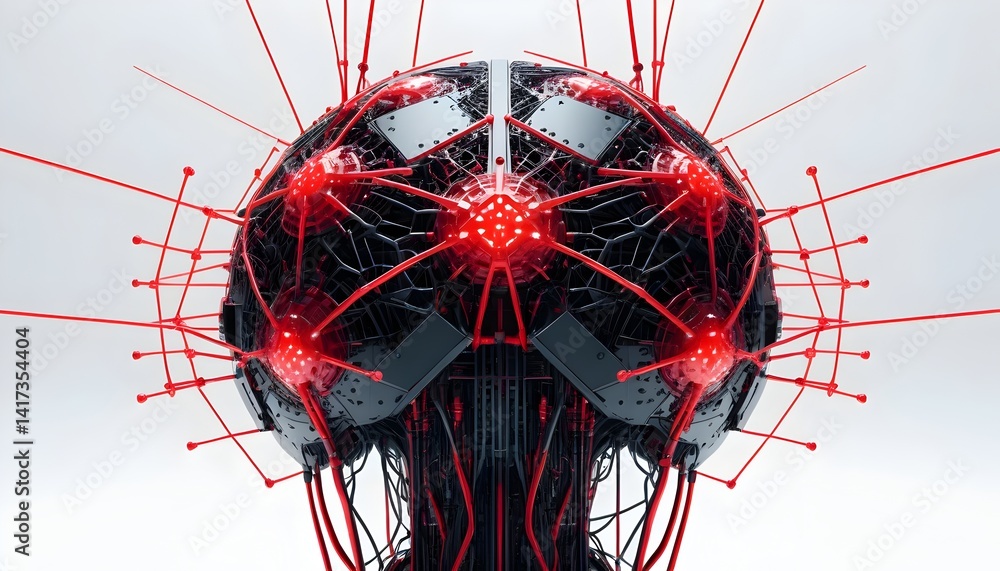 Poster abstract digital art neural network sphere with red connections, futuristic technology concept