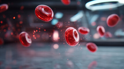 A microscopic view of red blood cells floating in a fluid with a blurred laboratory background