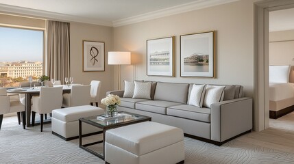 Fototapeta premium Elegant Modern Living Room with View and Dining Area in Hotel Suite