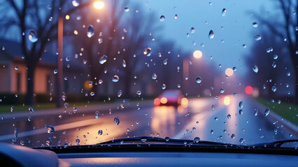 Raindrops on windshield reflecting streetlights and a blurred car on a wet road