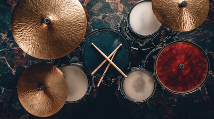 Overhead close-up shot displaying a drum kit with various drums and cymbals arranged on a dark, textured surface