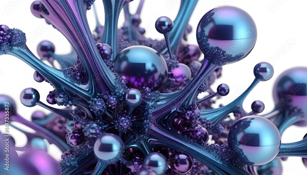 Aufkleber abstract 3d render iridescent spheres and metallic tendrils intertwined in a complex structure