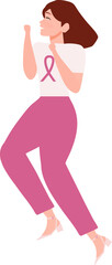 happy woman jumping with Pink Breast Cancer Awareness Ribbon