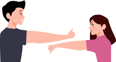Woman showing thumb down or dislike With Man hand show thumb up like gestures cartoon Illustration